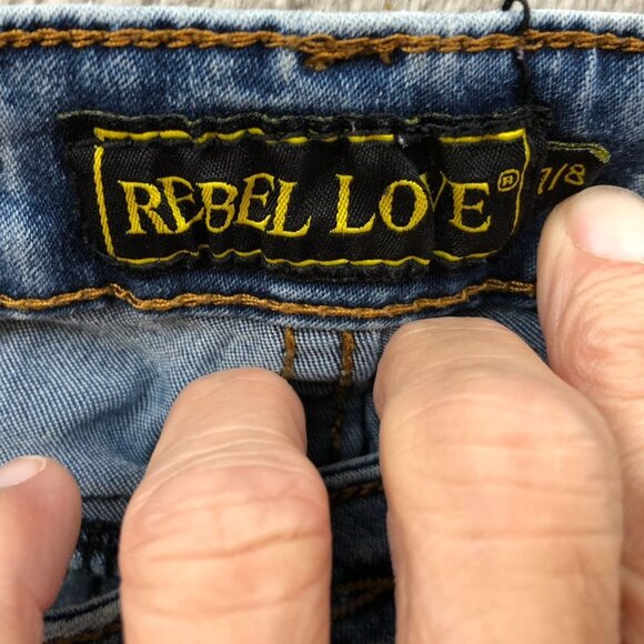 Rebel Love Womens Jeans Size 7/8 Skinny Distressed Blue Denim Applique Y2K Casua - Picture 3 of 16